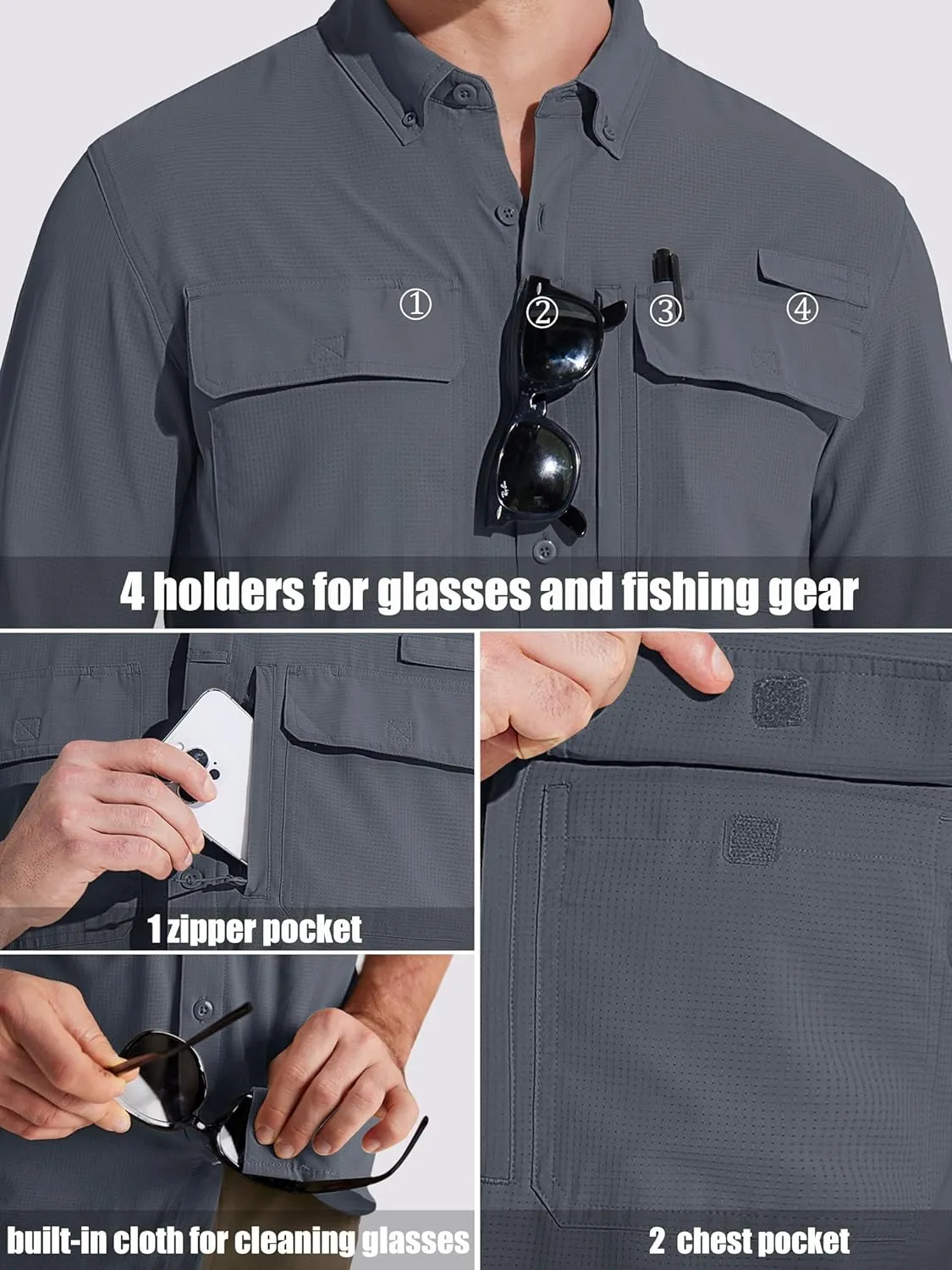 MAGCOMSEN Men's Sun Protection Fishing Shirts Long Sleeve UPF 50  Quick Dry Cooling Button Down Shirt for Hiking Safari