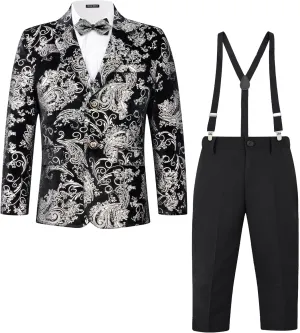 MAGE MALE Boys 3 Pieces Suit Colour Jacquard Slim Fit Jacket Pants Set for Wedding Prom Party Tuxedo with Kids Suspenders