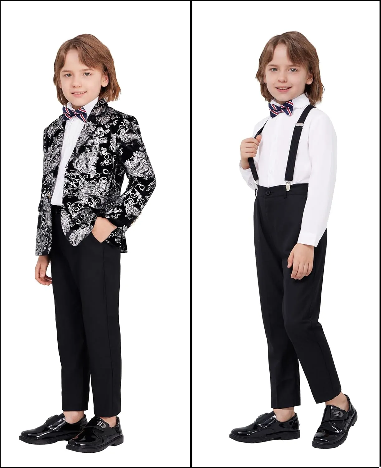 MAGE MALE Boys 3 Pieces Suit Colour Jacquard Slim Fit Jacket Pants Set for Wedding Prom Party Tuxedo with Kids Suspenders