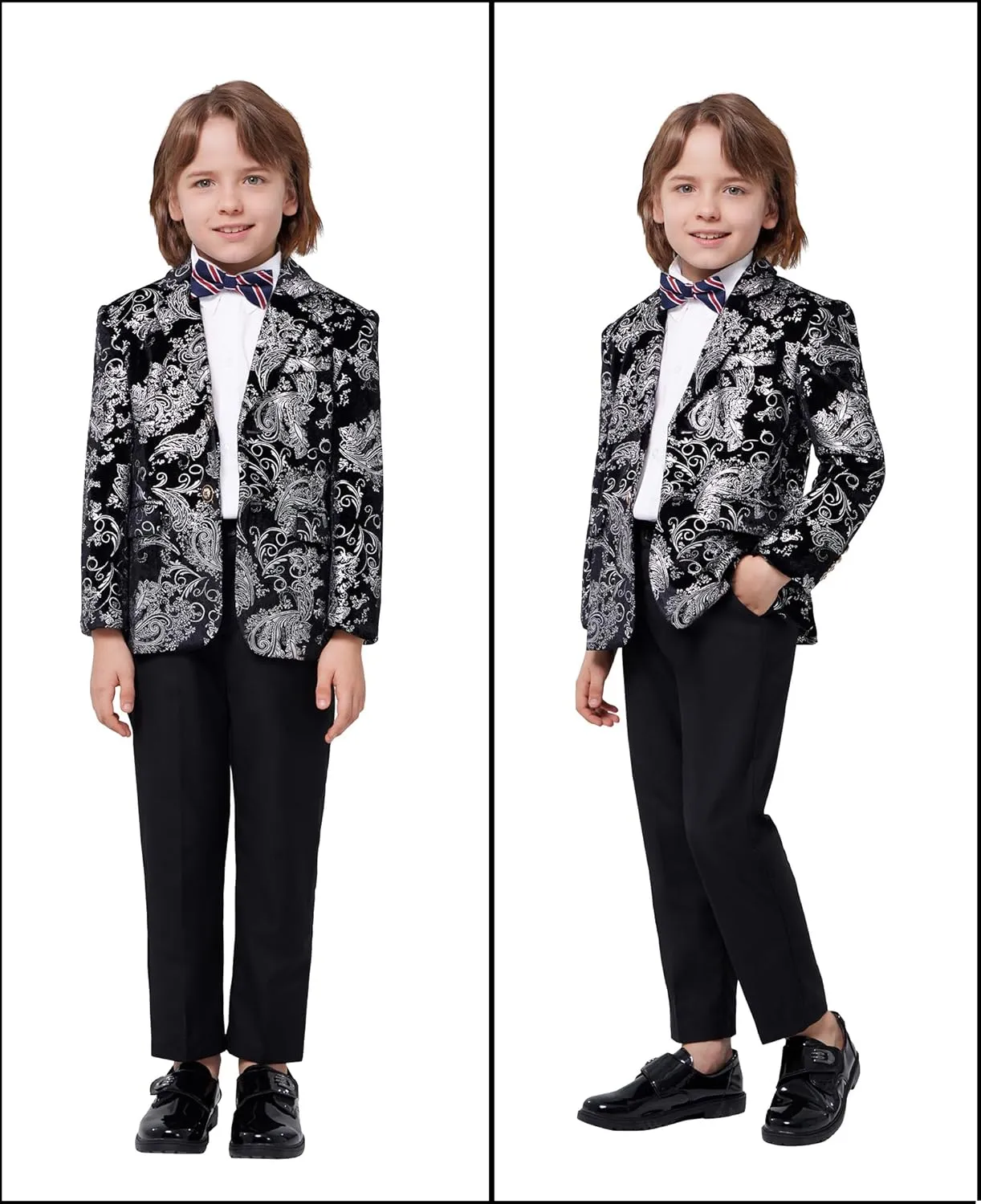 MAGE MALE Boys 3 Pieces Suit Colour Jacquard Slim Fit Jacket Pants Set for Wedding Prom Party Tuxedo with Kids Suspenders