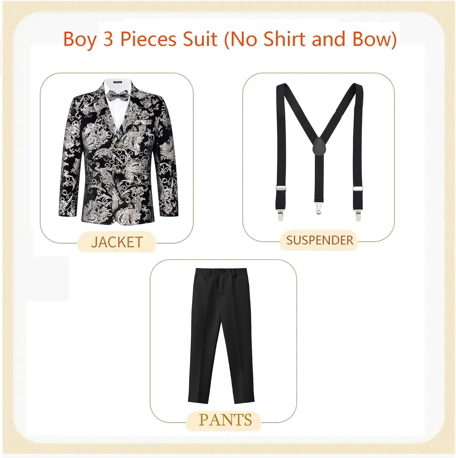 MAGE MALE Boys 3 Pieces Suit Colour Jacquard Slim Fit Jacket Pants Set for Wedding Prom Party Tuxedo with Kids Suspenders
