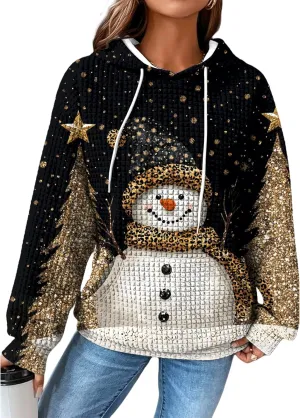 MARSVOVO Christmas Hoodies For Women Waffle Long Sleeve Sweatshirt Novelty Christmas Graphic Pullover Top With Pocket