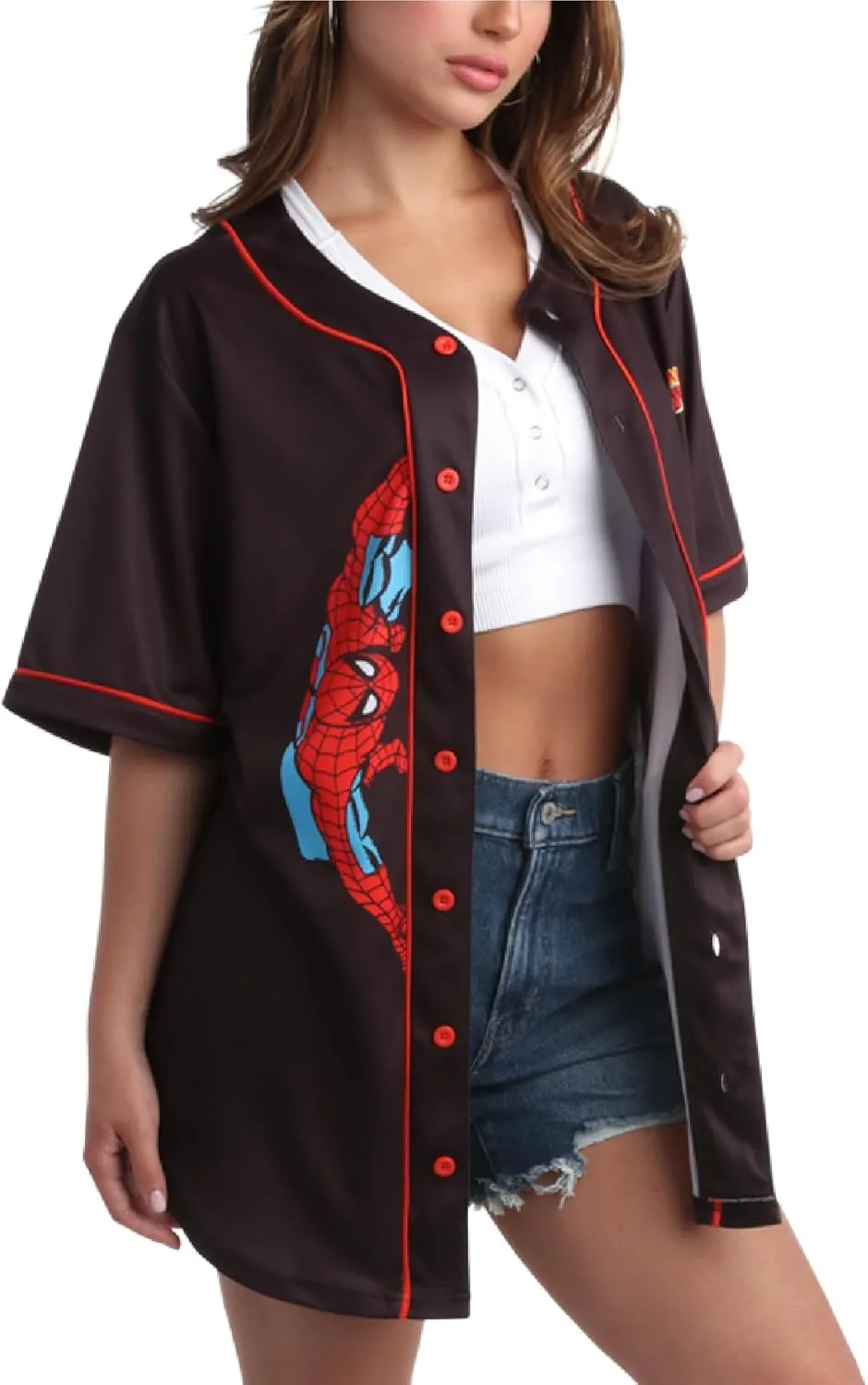 Marvel Womens Baseball Jersey - Spiderman Novelty Fashion Baseball Shirt - Spidey Jersey for Women (Sizes: S-XL)
