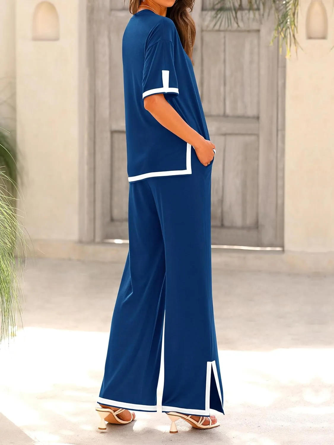MASCOMODA Womens Summer 2 Piece Outfits Crewneck Short Sleeve Tops Wide Leg Long Pants Travel Matching Lounge Sets Tracksuit