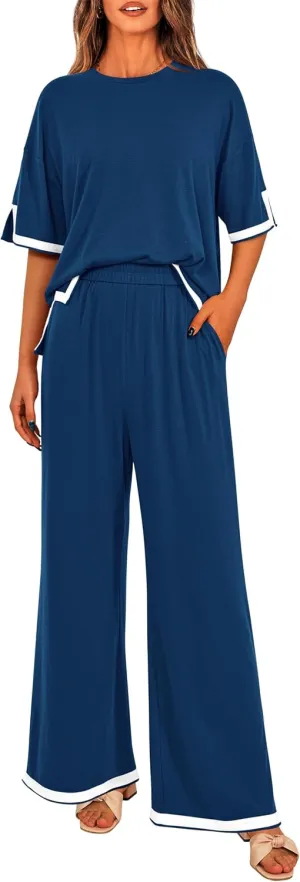 MASCOMODA Womens Summer 2 Piece Outfits Crewneck Short Sleeve Tops Wide Leg Long Pants Travel Matching Lounge Sets Tracksuit