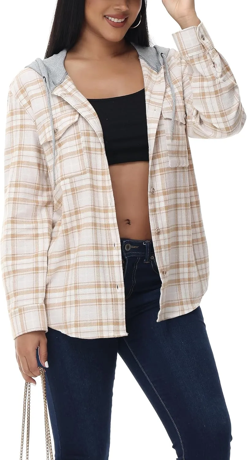 MCEDAR Women's Oversized Flannel Shirts Plaid Hoodie Long Sleeve Button Down Plus Size Casual Plaid Shirt Jacket (S-4X)