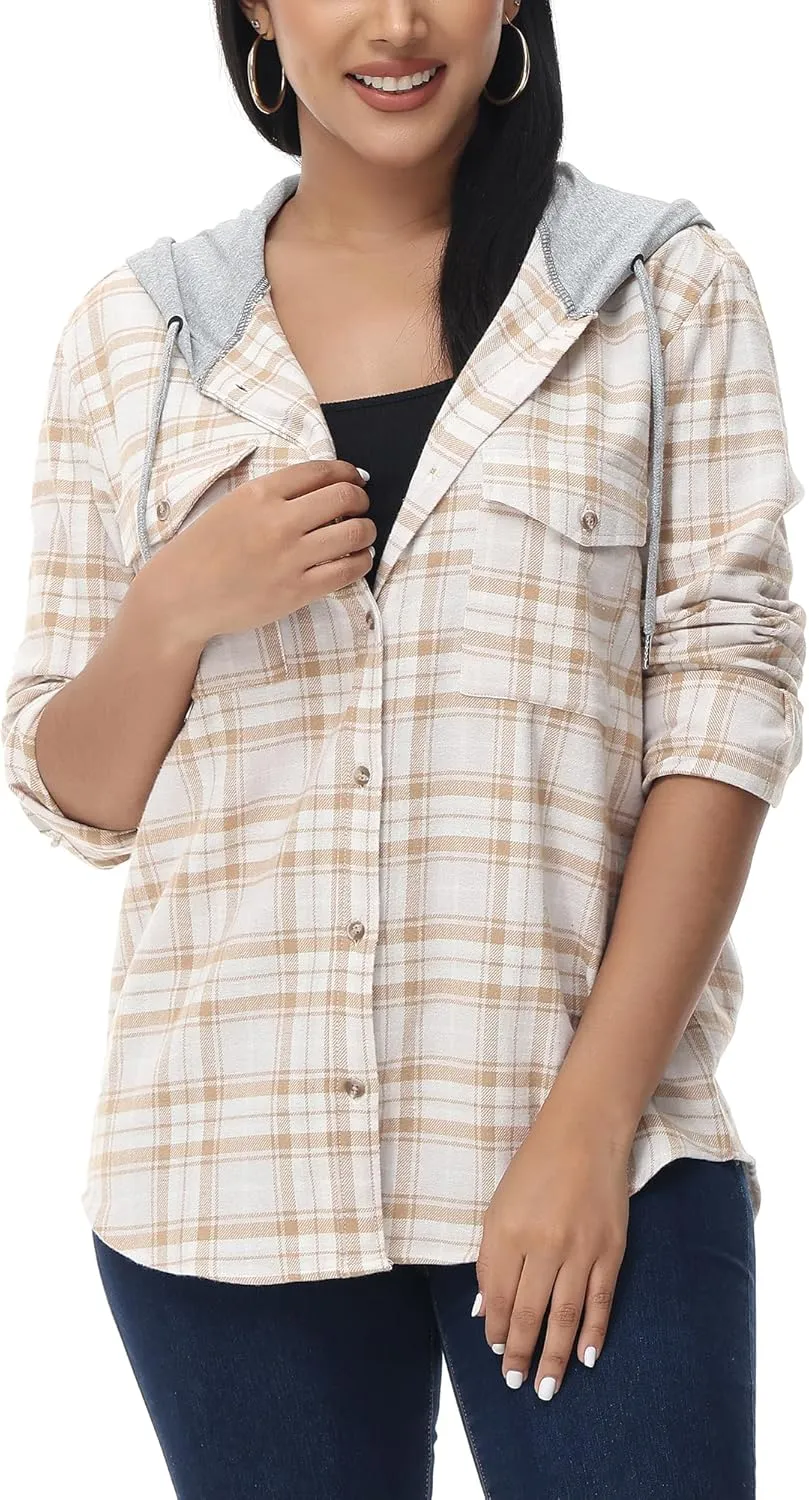 MCEDAR Women's Oversized Flannel Shirts Plaid Hoodie Long Sleeve Button Down Plus Size Casual Plaid Shirt Jacket (S-4X)