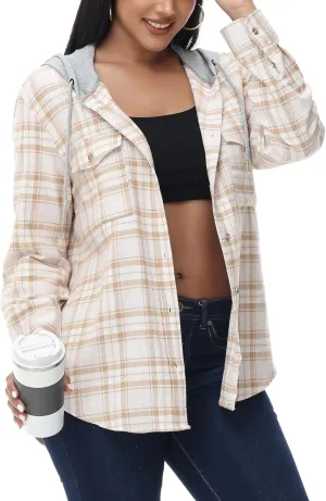 MCEDAR Women's Oversized Flannel Shirts Plaid Hoodie Long Sleeve Button Down Plus Size Casual Plaid Shirt Jacket (S-4X)