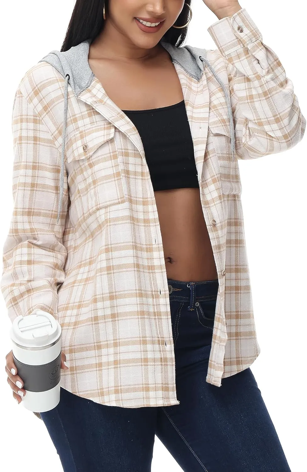 MCEDAR Women's Oversized Flannel Shirts Plaid Hoodie Long Sleeve Button Down Plus Size Casual Plaid Shirt Jacket (S-4X)