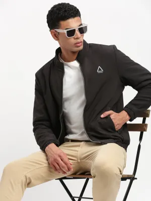 Men Mock Collar Black Solid Casual Bomber Jacket