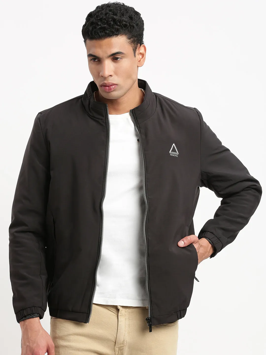 Men Mock Collar Black Solid Casual Bomber Jacket