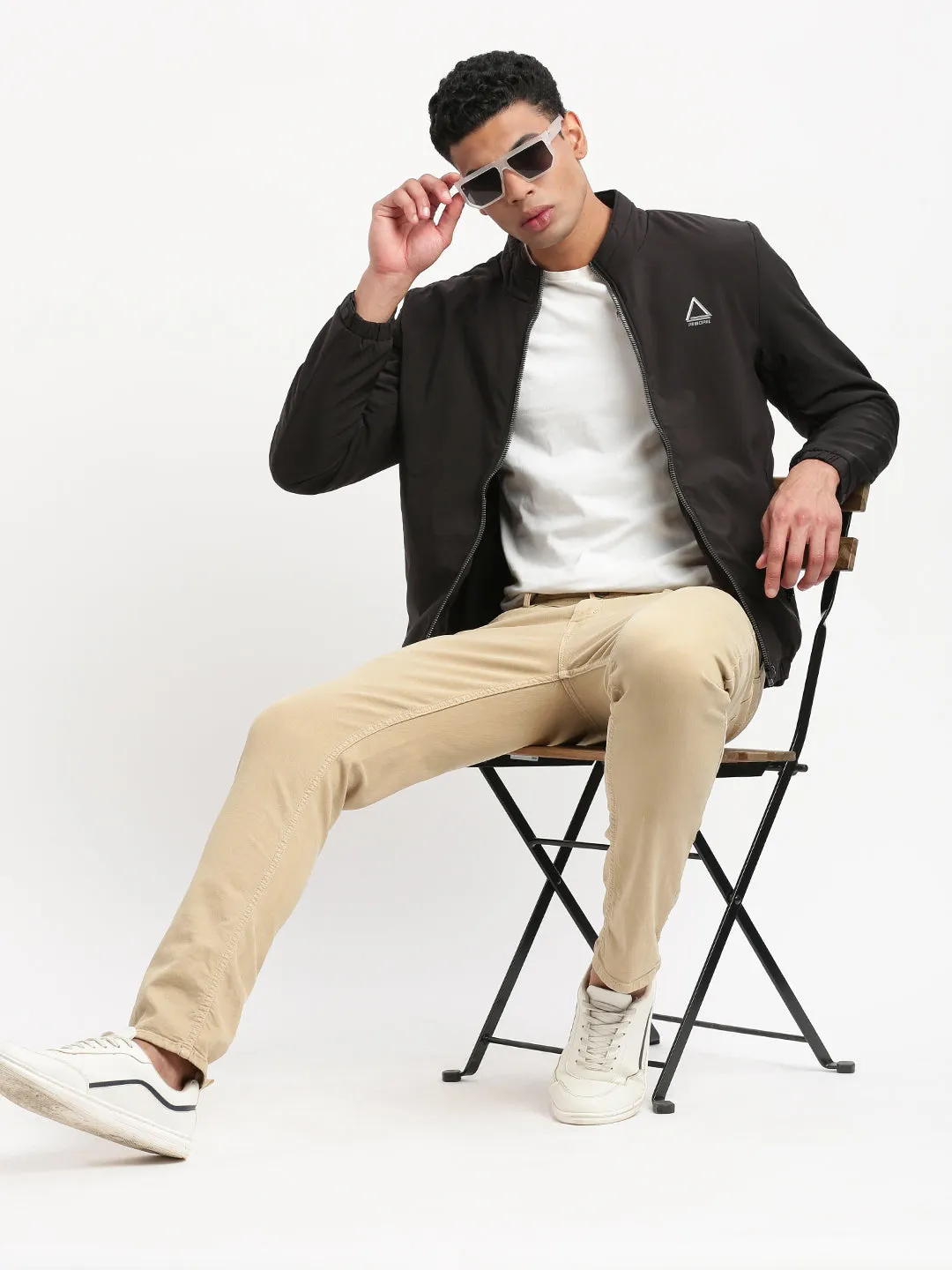 Men Mock Collar Black Solid Casual Bomber Jacket