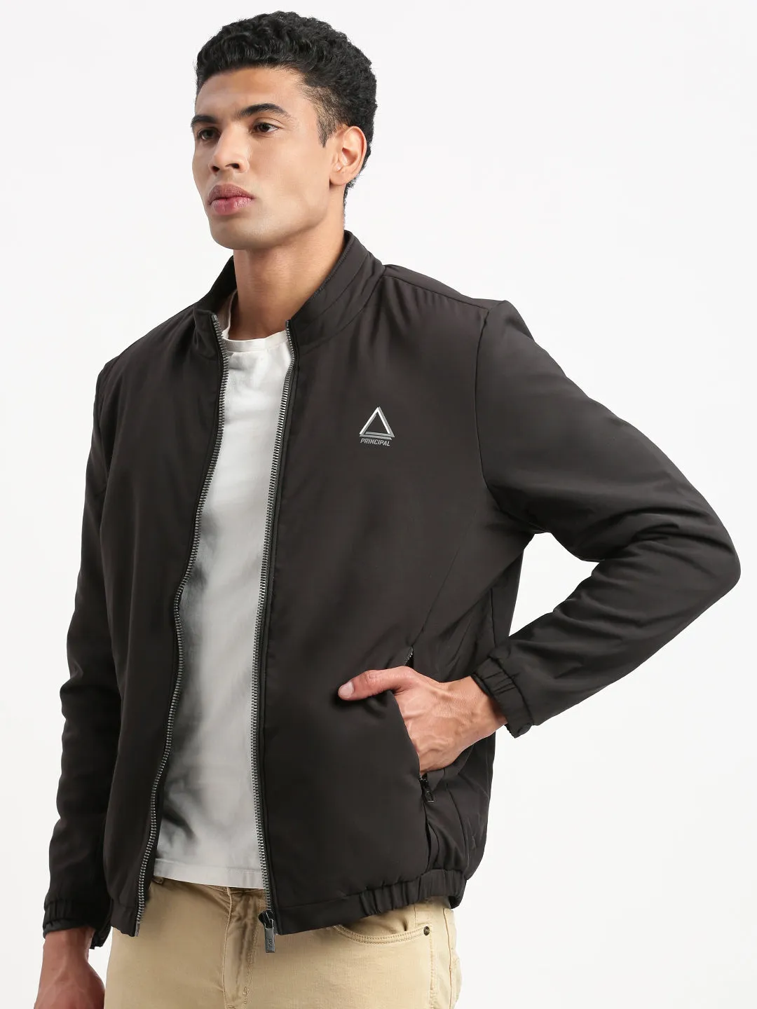 Men Mock Collar Black Solid Casual Bomber Jacket