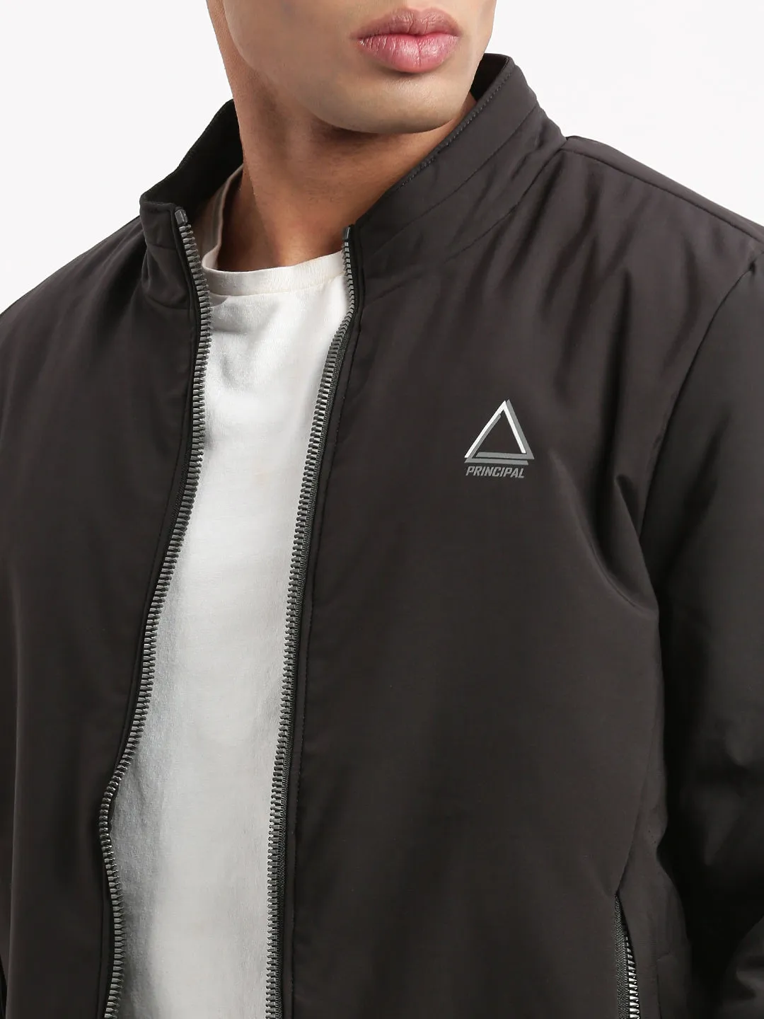 Men Mock Collar Black Solid Casual Bomber Jacket