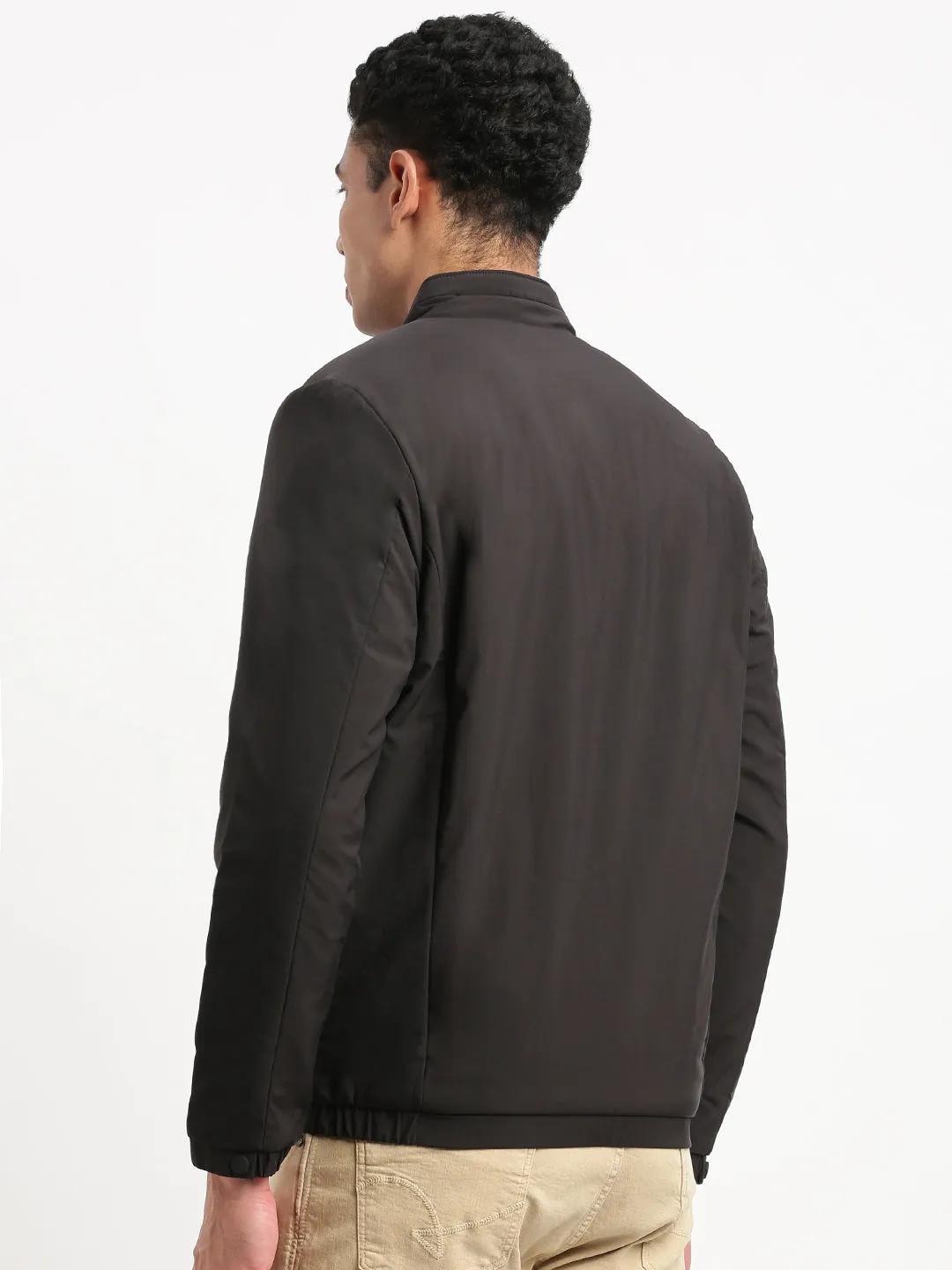 Men Mock Collar Black Solid Casual Bomber Jacket