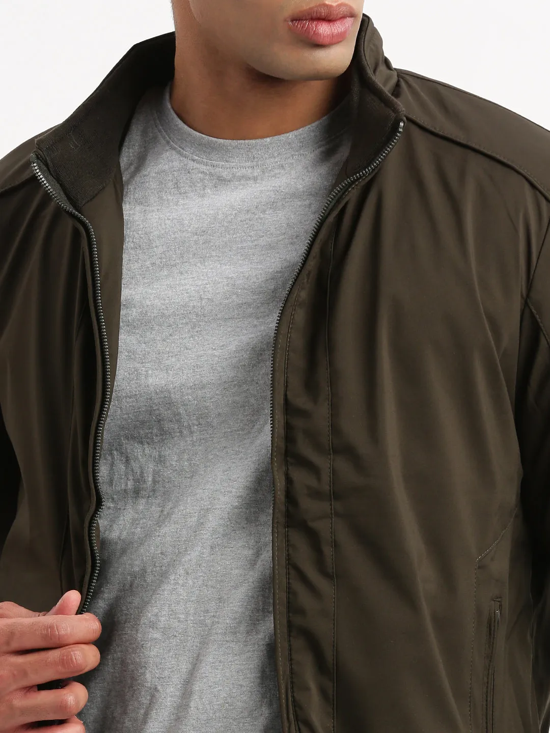 Men Mock Collar Olive Bomber Jacket