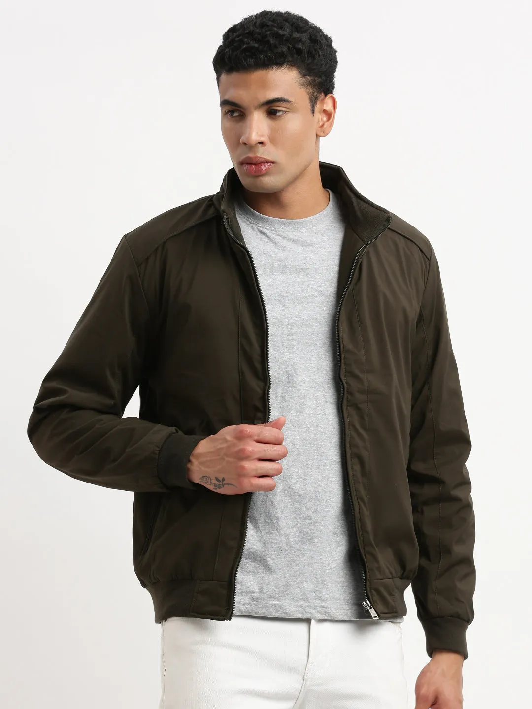 Men Mock Collar Olive Bomber Jacket