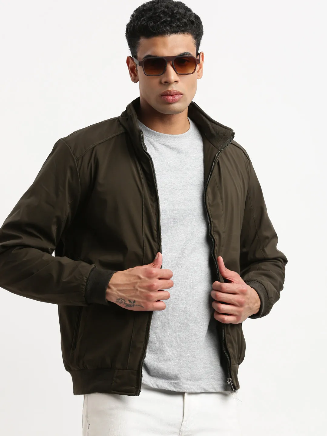 Men Mock Collar Olive Bomber Jacket