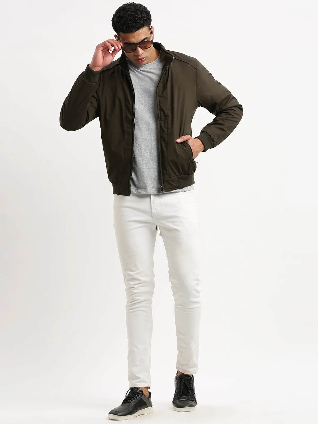 Men Mock Collar Olive Bomber Jacket