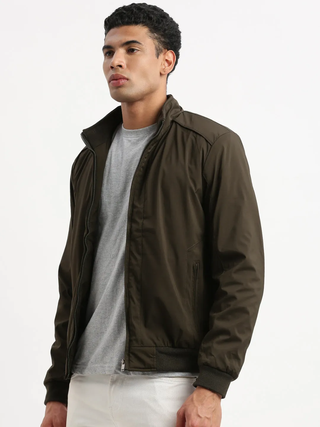 Men Mock Collar Olive Bomber Jacket