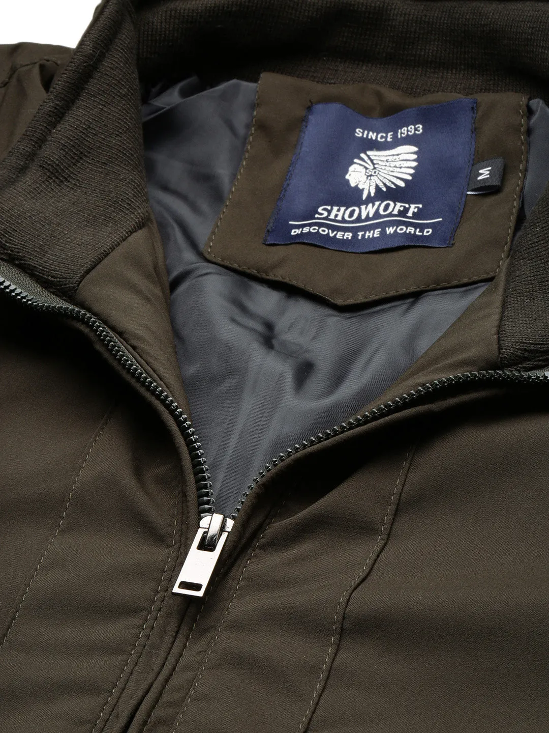 Men Mock Collar Olive Bomber Jacket