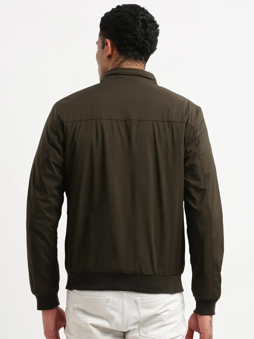 Men Mock Collar Olive Bomber Jacket