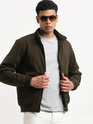 Men Mock Collar Olive Bomber Jacket