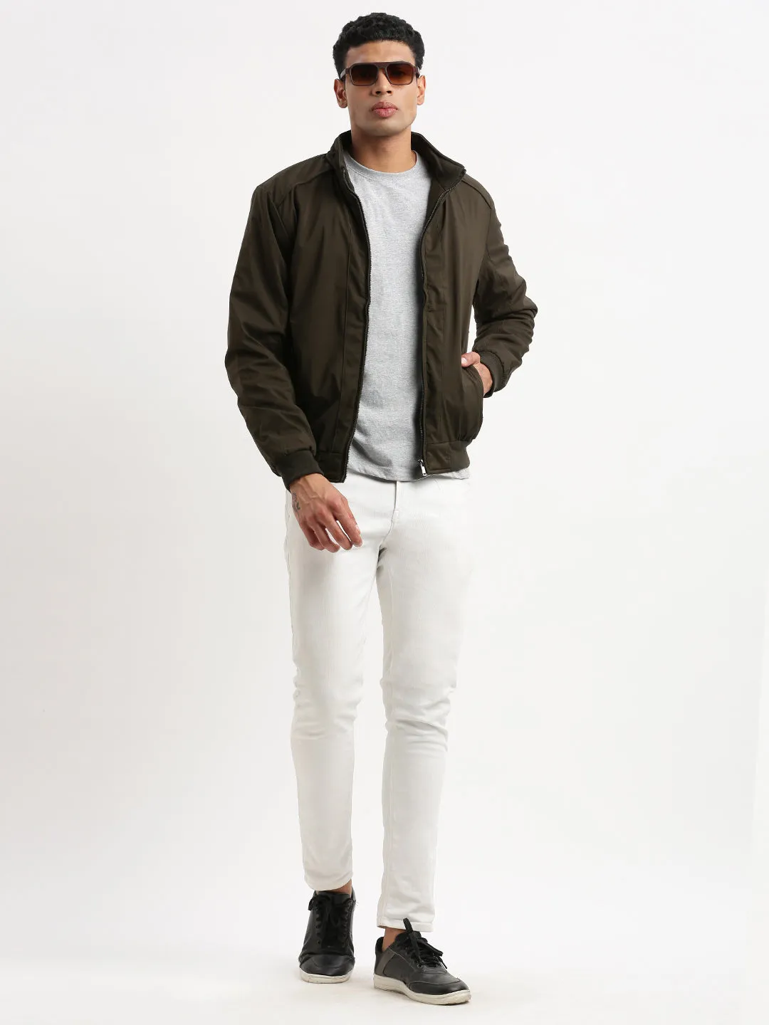 Men Mock Collar Olive Bomber Jacket