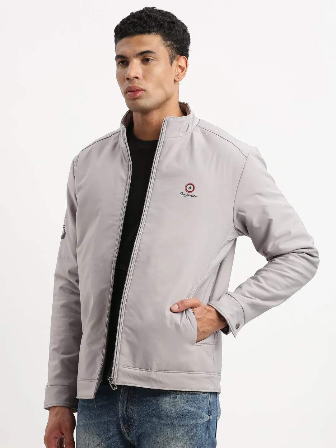 Men Mock Collar Solid Grey Bomber Jacket