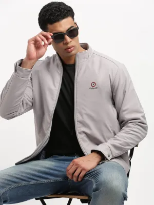 Men Mock Collar Solid Grey Bomber Jacket