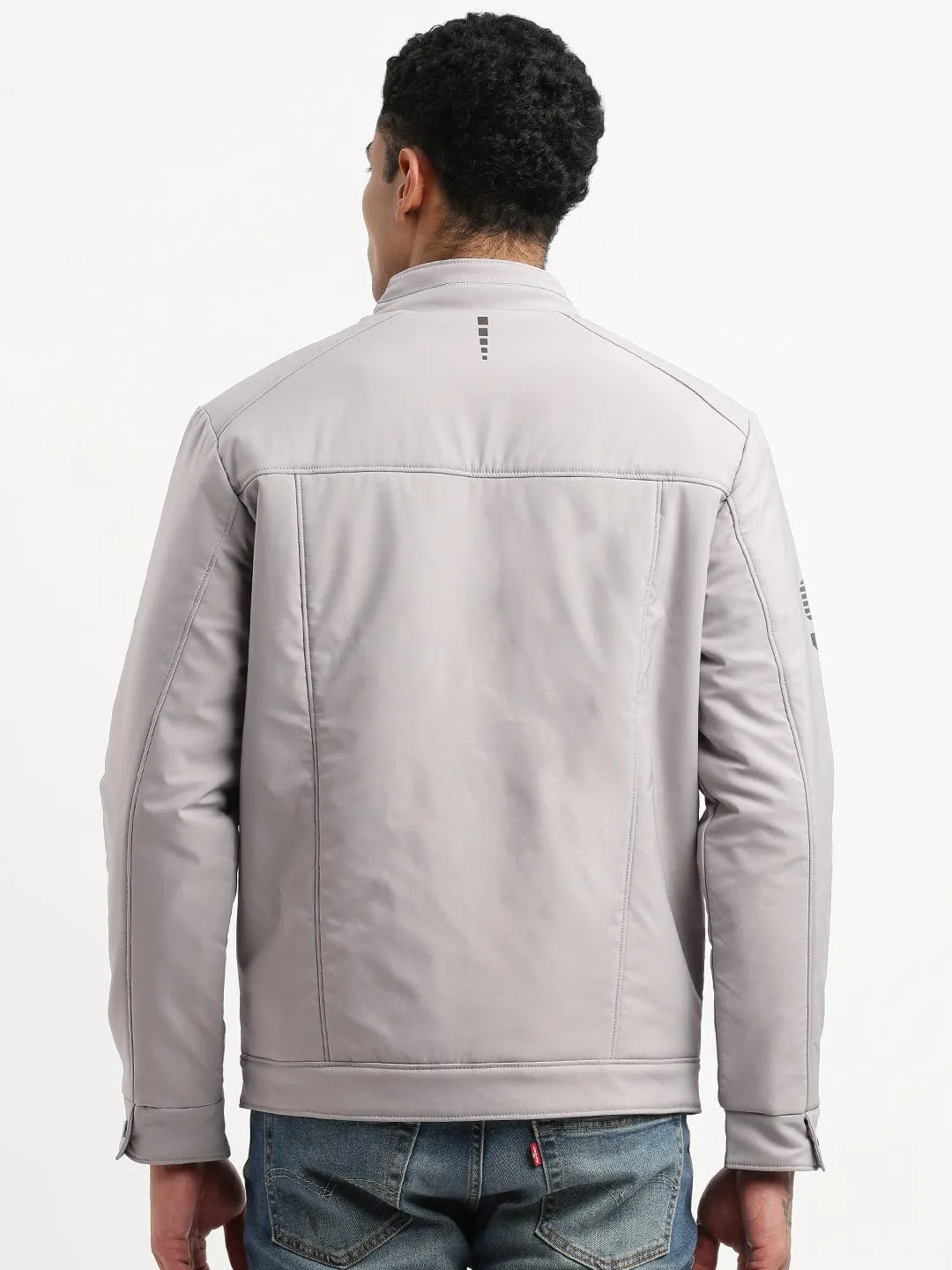 Men Mock Collar Solid Grey Bomber Jacket