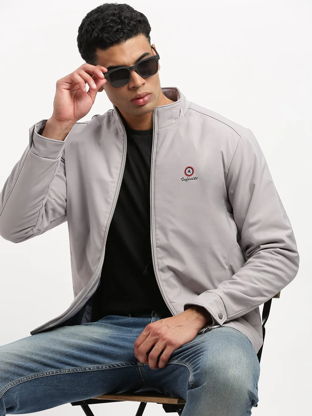 Men Mock Collar Solid Grey Bomber Jacket