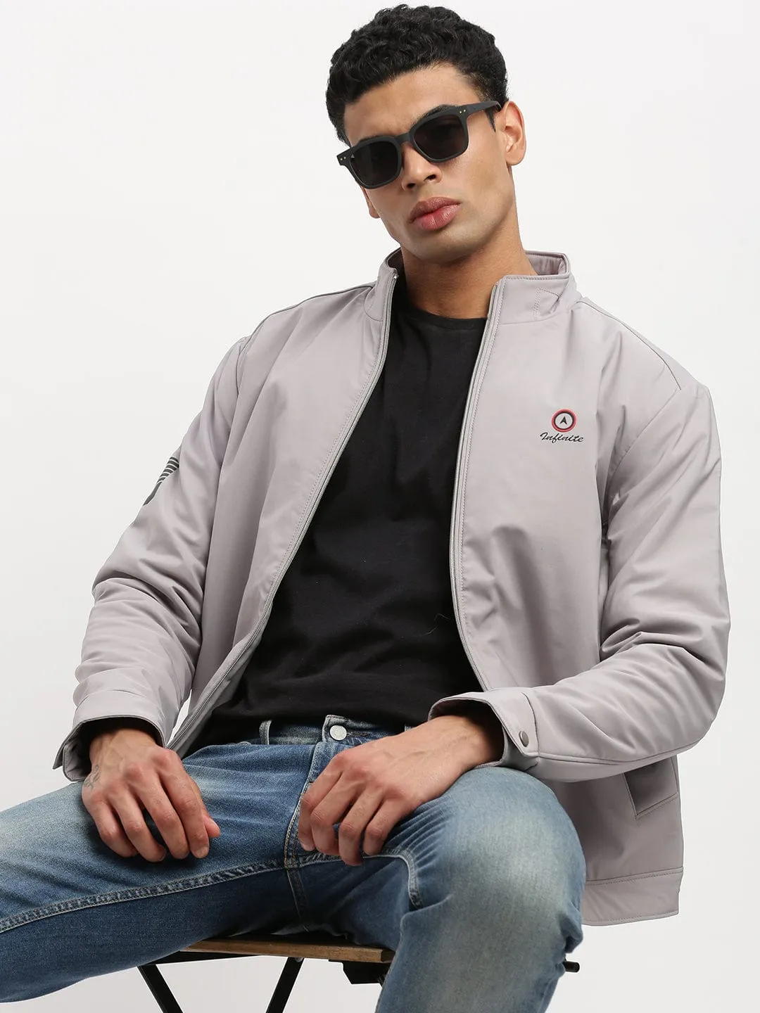 Men Mock Collar Solid Grey Bomber Jacket