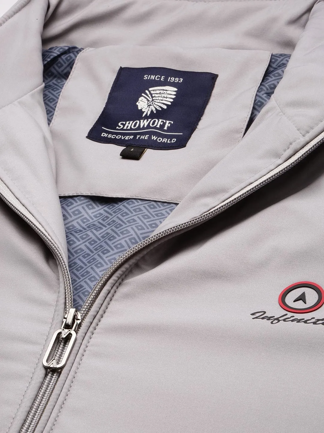 Men Mock Collar Solid Grey Bomber Jacket
