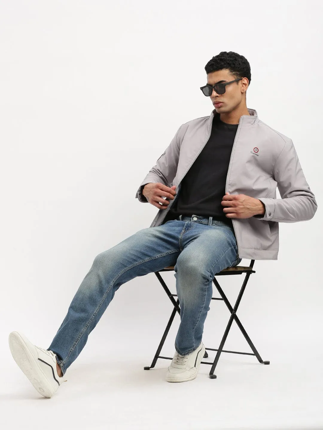 Men Mock Collar Solid Grey Bomber Jacket