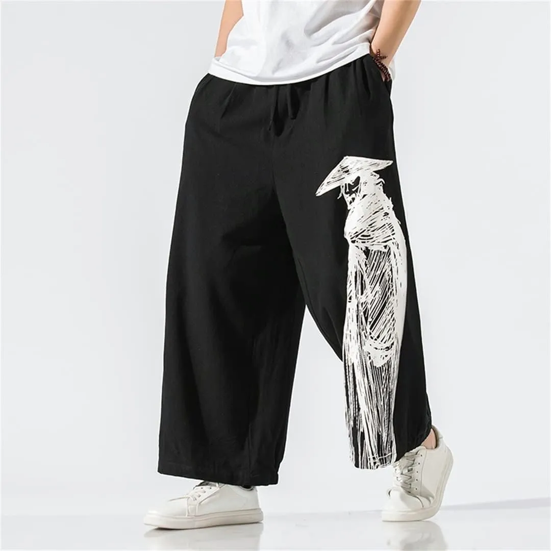 Men Print Baggy Harem Pants Hip-Hop Wide Leg Trousers Vintage Long Pants