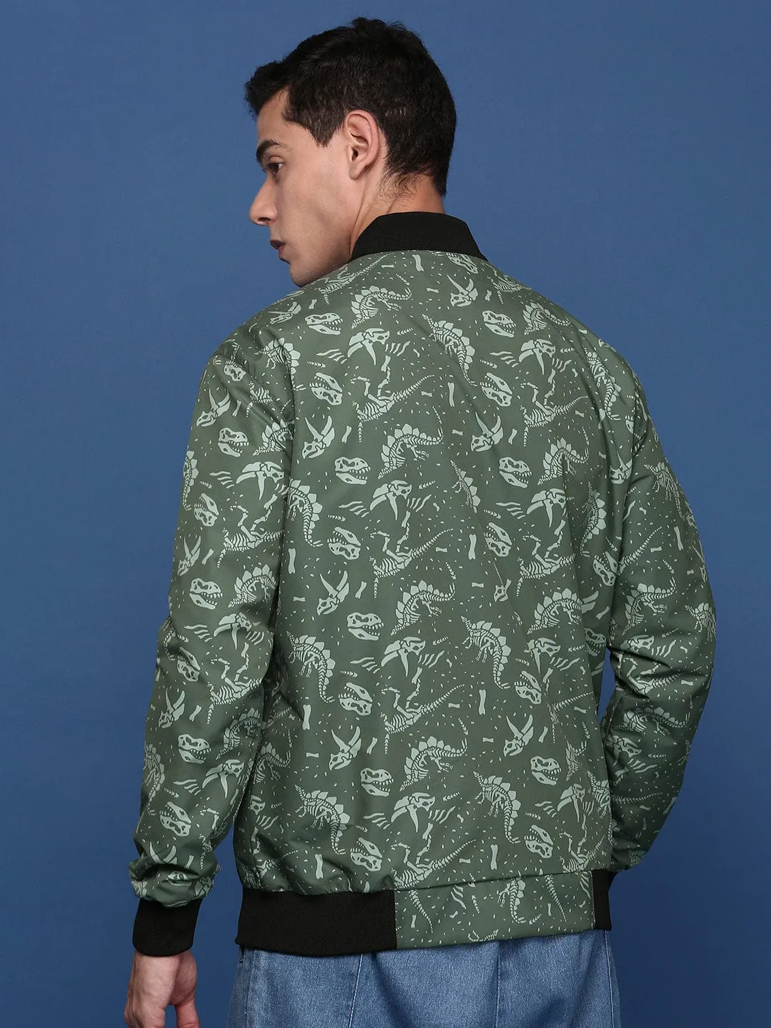 Men Printed Green Bomber Casual Jacket
