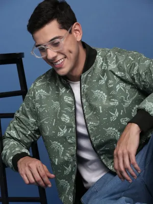Men Printed Green Bomber Casual Jacket