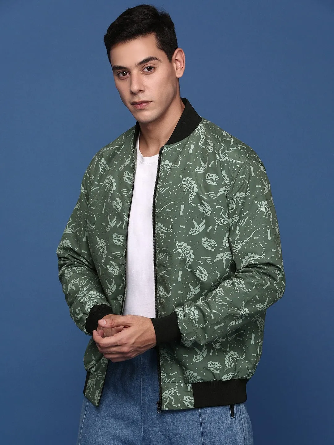 Men Printed Green Bomber Casual Jacket