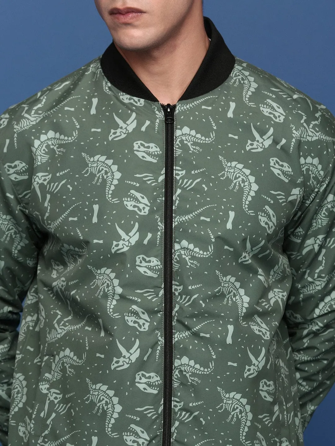 Men Printed Green Bomber Casual Jacket