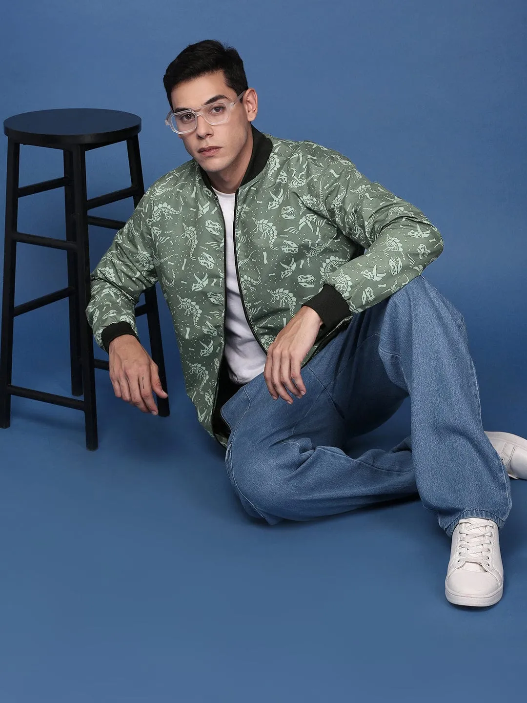 Men Printed Green Bomber Casual Jacket