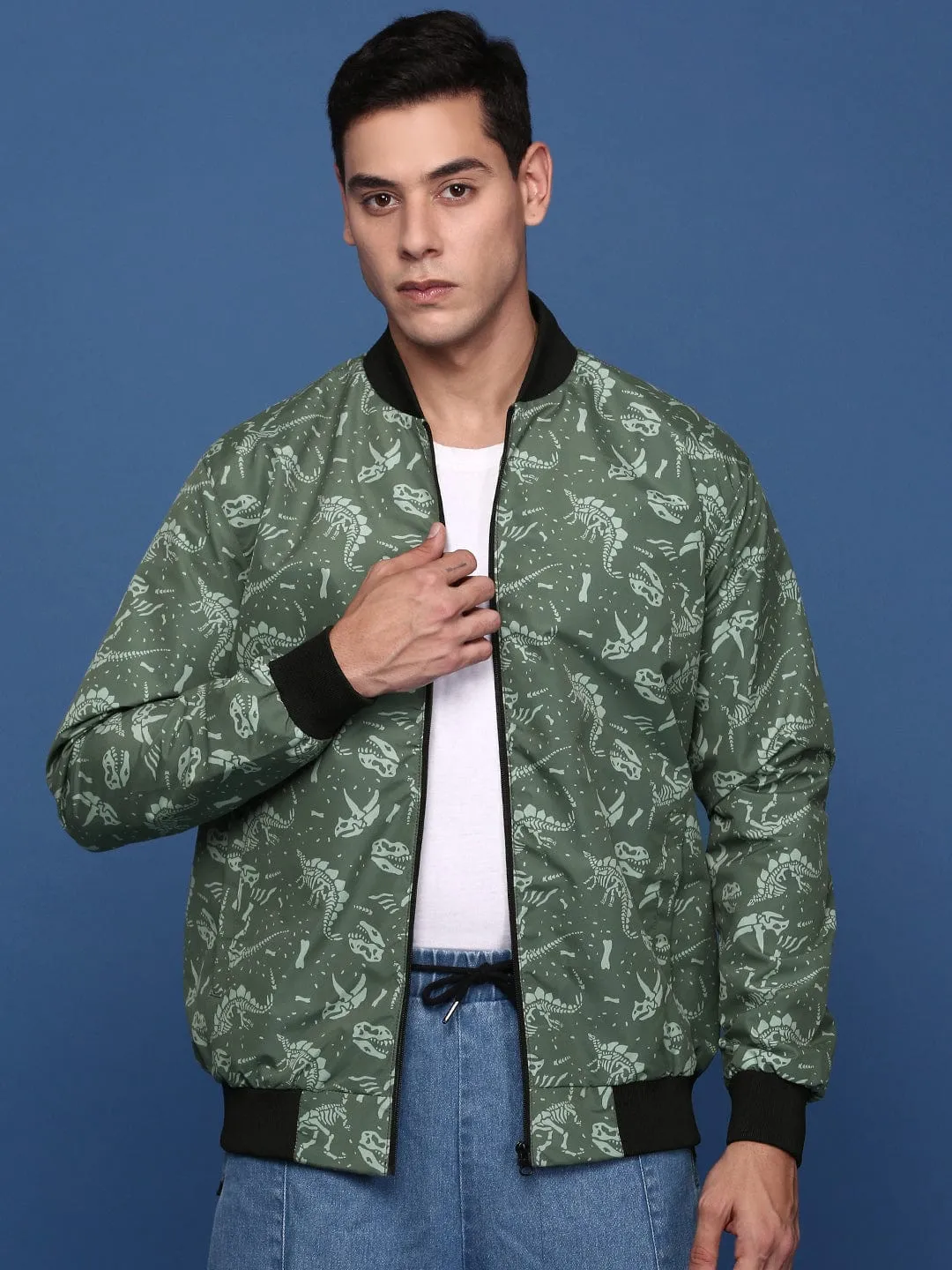 Men Printed Green Bomber Casual Jacket