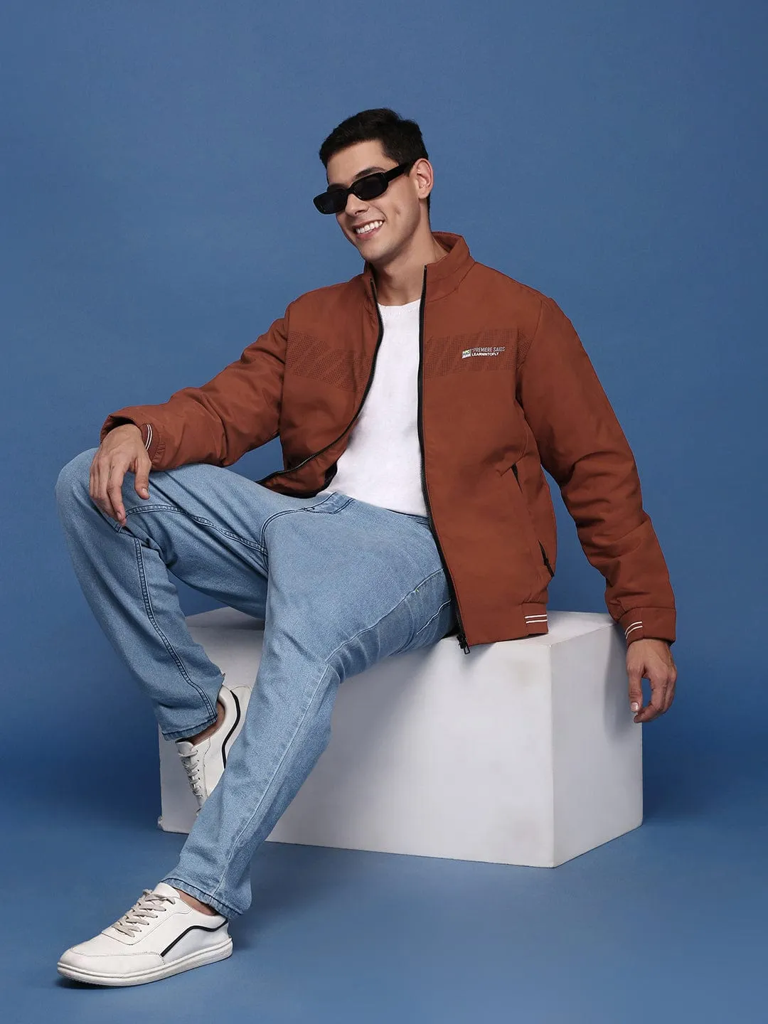 Men Rust Striped Windcheater Bomber with Embroidered Jacket