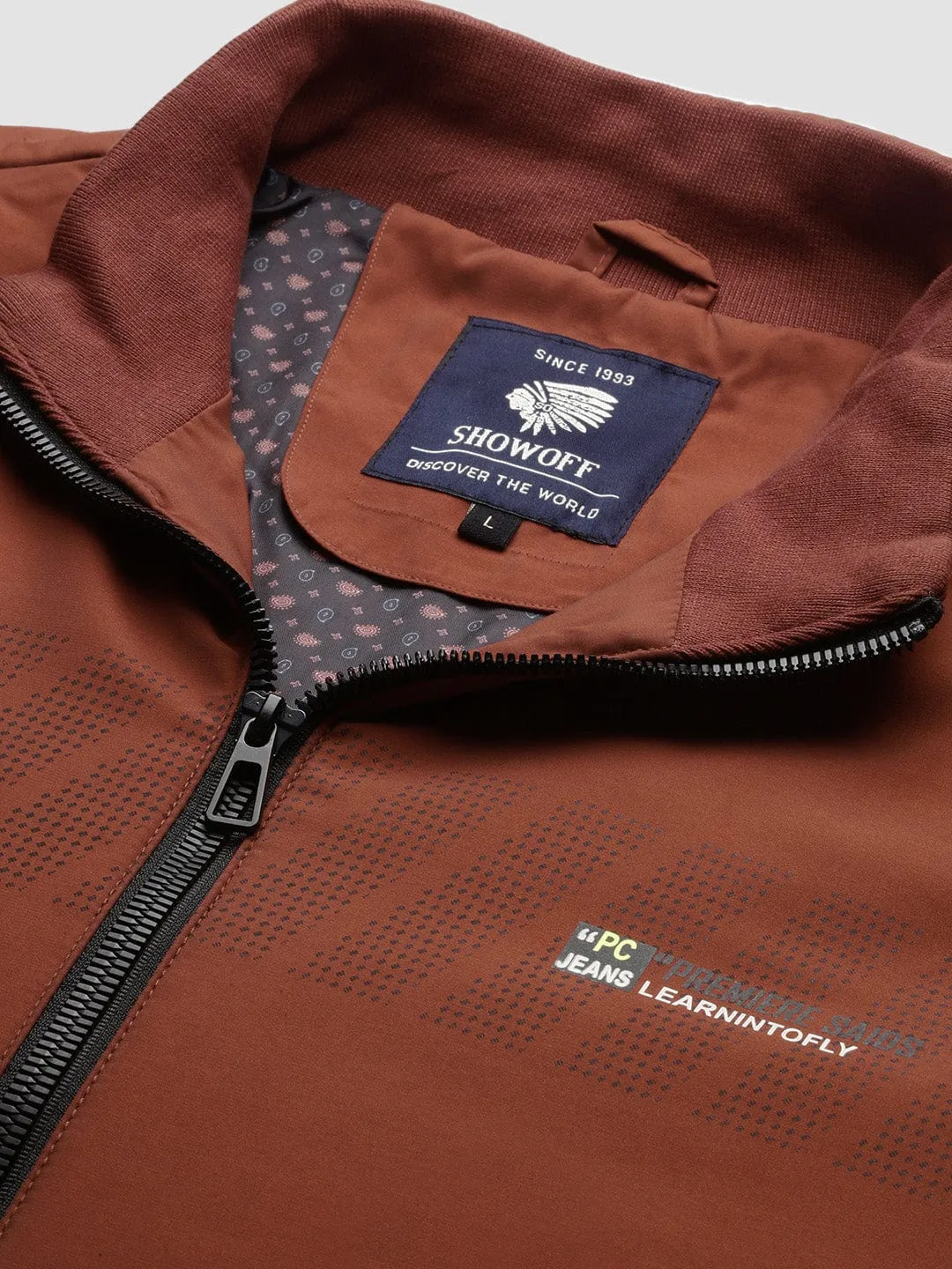Men Rust Striped Windcheater Bomber with Embroidered Jacket