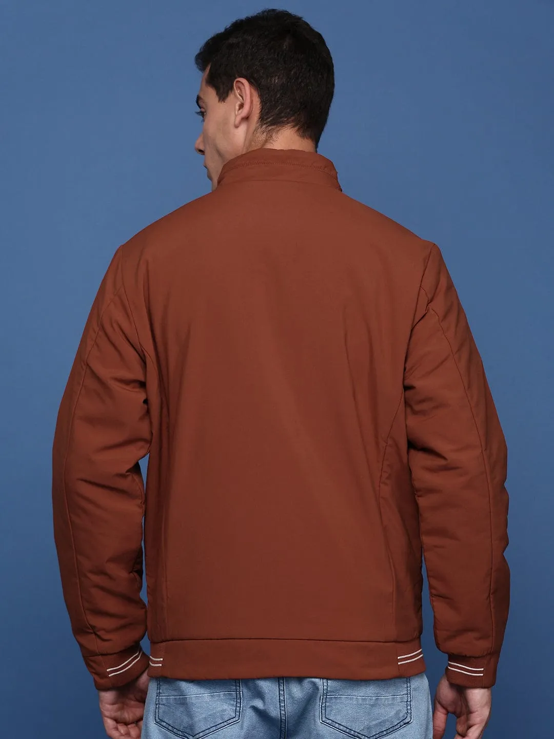 Men Rust Striped Windcheater Bomber with Embroidered Jacket