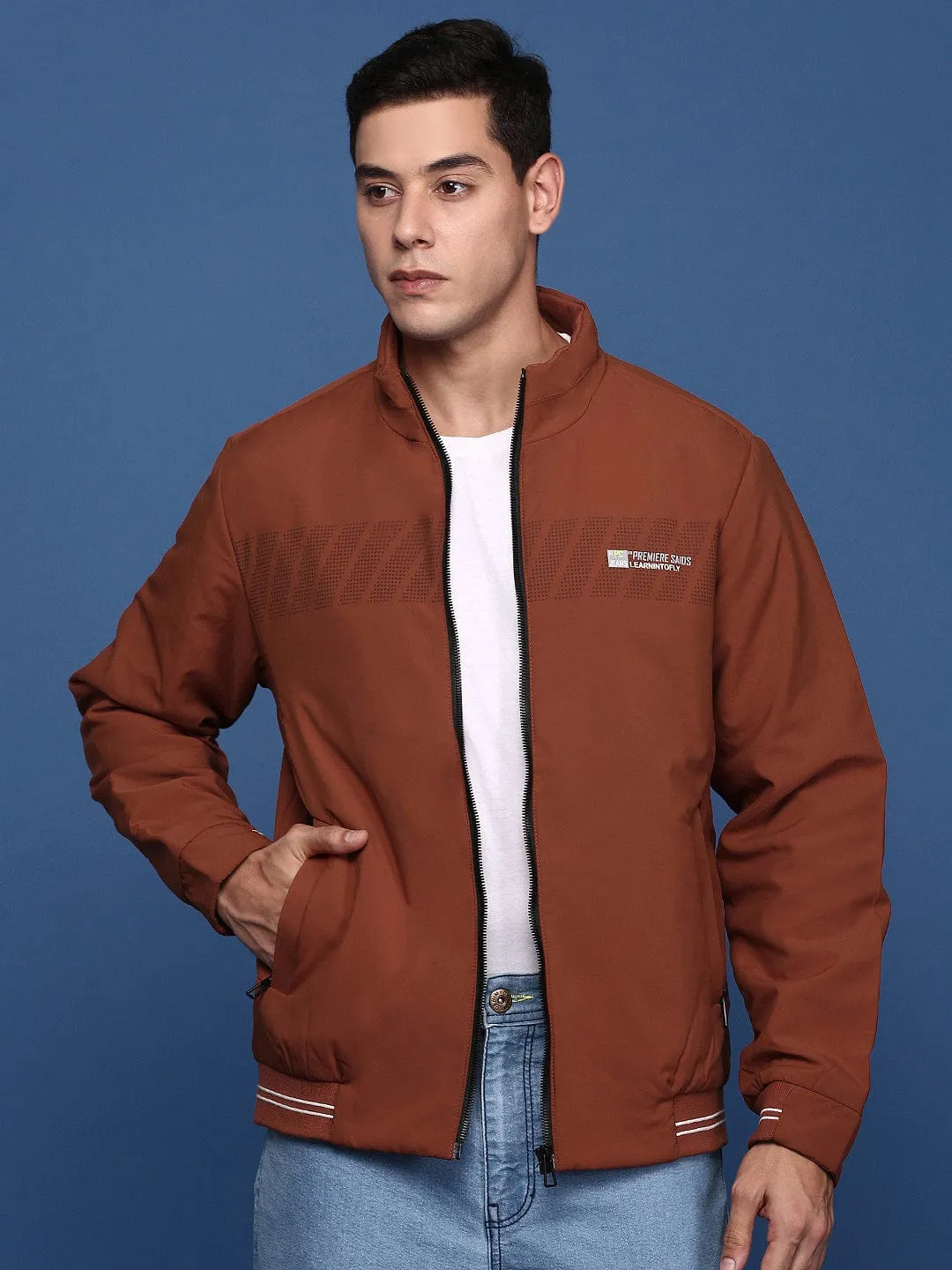 Men Rust Striped Windcheater Bomber with Embroidered Jacket