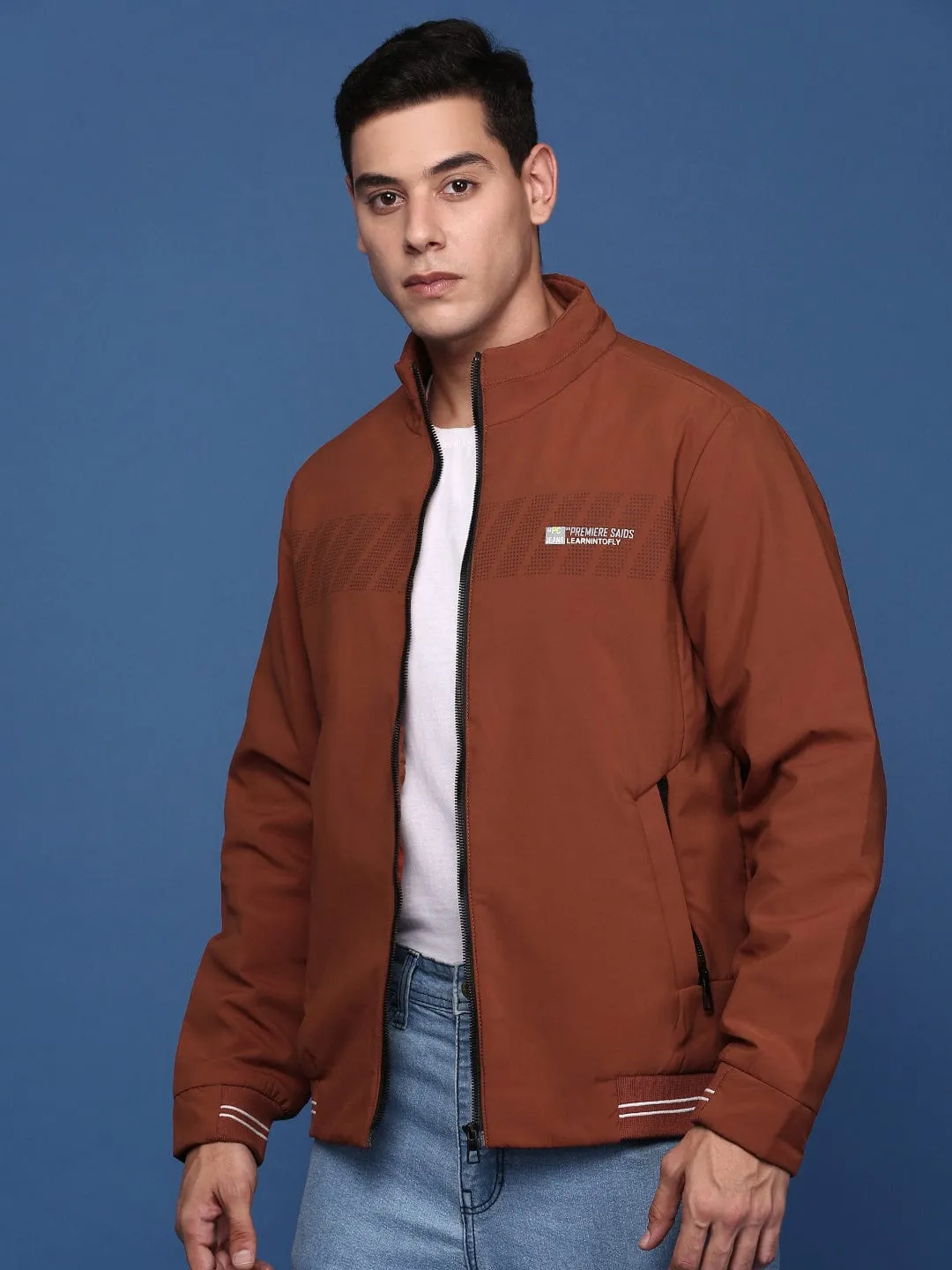 Men Rust Striped Windcheater Bomber with Embroidered Jacket