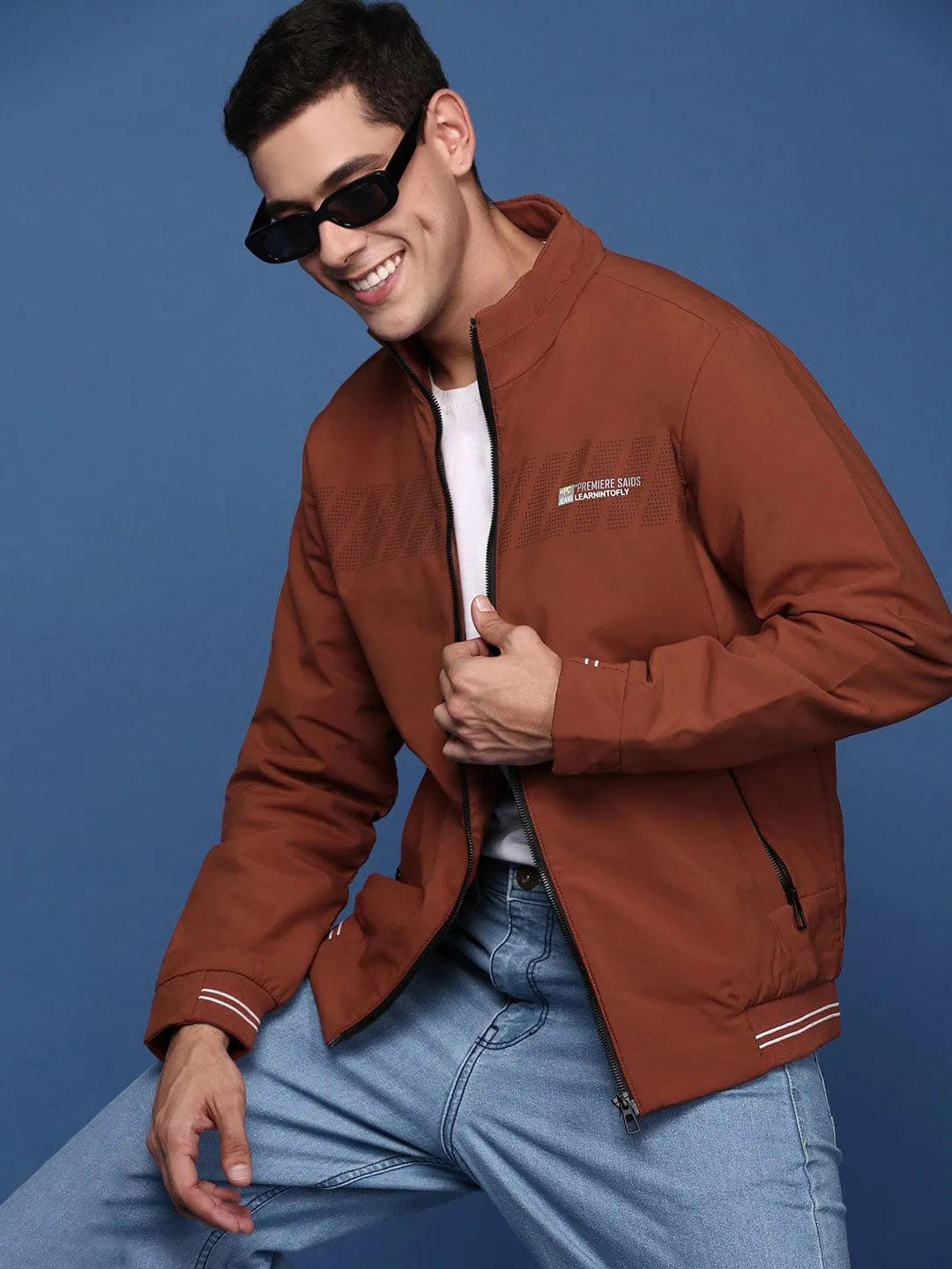 Men Rust Striped Windcheater Bomber with Embroidered Jacket