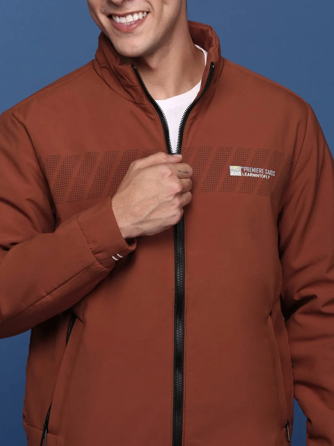 Men Rust Striped Windcheater Bomber with Embroidered Jacket