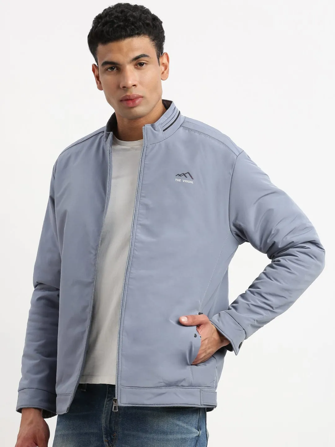 Men Solid Mock Collar Blue Bomber Jacket